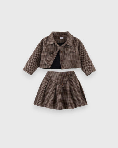 3 Pc Girls Houndstooth Jacket, Cami Top & Pleated Skirt Set