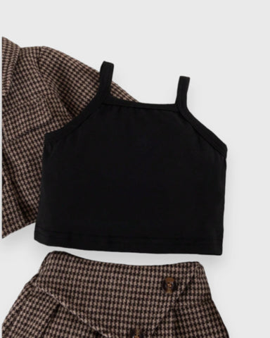 3 Pc Girls Houndstooth Jacket, Cami Top & Pleated Skirt Set