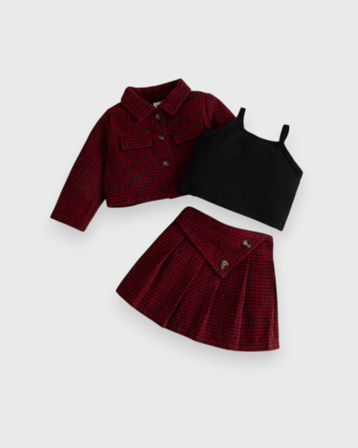3 Pc Girls Houndstooth Jacket, Cami Top & Pleated Skirt Set