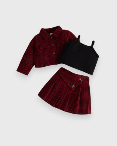 3 Pc Girls Houndstooth Jacket, Cami Top & Pleated Skirt Set