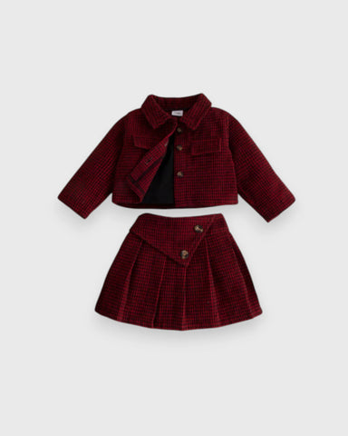 3 Pc Girls Houndstooth Jacket, Cami Top & Pleated Skirt Set