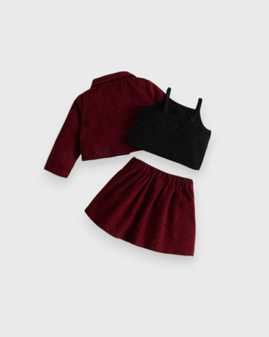 3 Pc Girls Houndstooth Jacket, Cami Top & Pleated Skirt Set