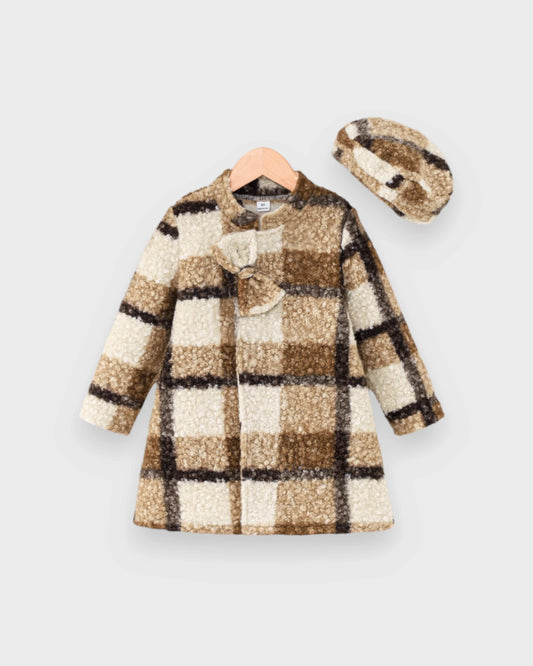Brown and cream plaid textured girls' coat with a large front bow and matching beret.