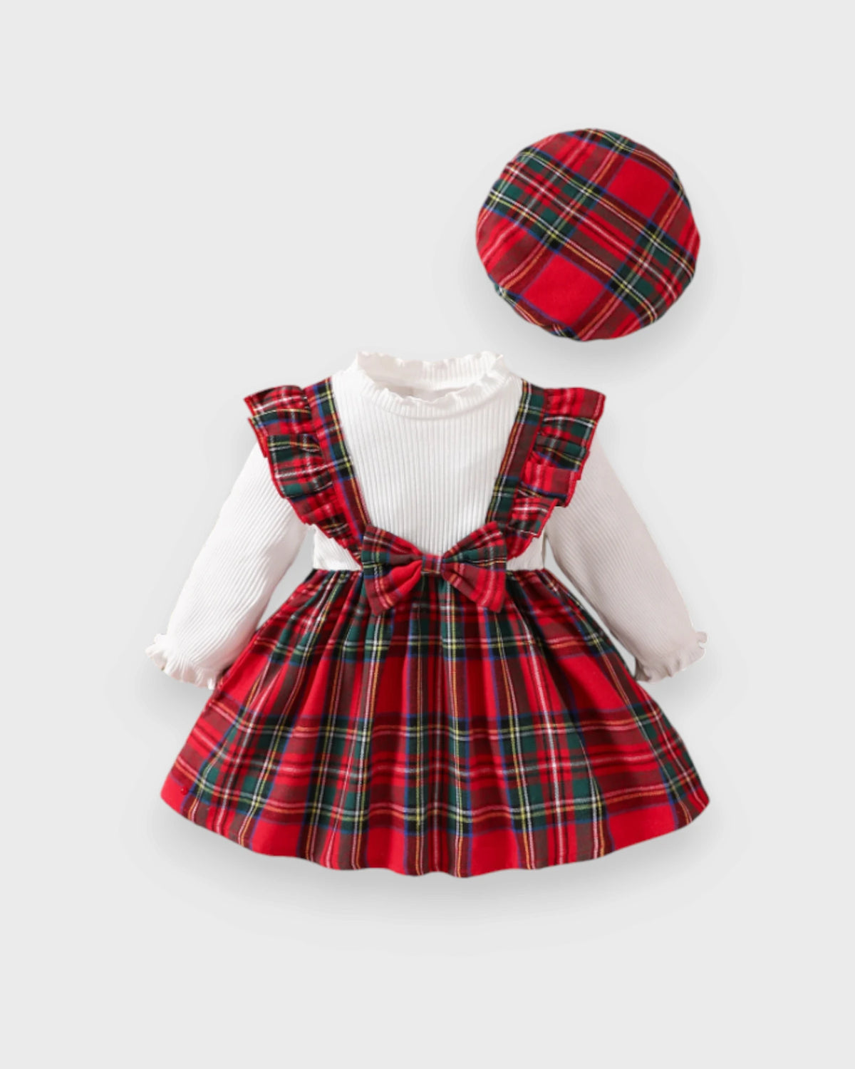 3 Pc Baby Girl Plaid Pinafore Dress, Shirt & Beret Set