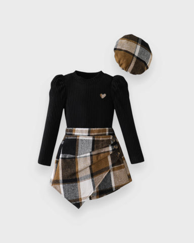 3 Pc Girls Ribbed Sweater, Plaid Skort & Beret Set