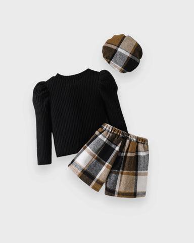 3 Pc Girls Ribbed Sweater, Plaid Skort & Beret Set