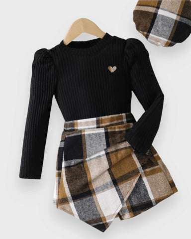 3 Pc Girls Ribbed Sweater, Plaid Skort & Beret Set