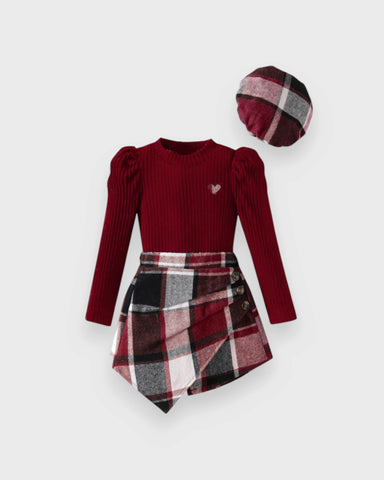 3 Pc Girls Ribbed Sweater, Plaid Skort & Beret Set