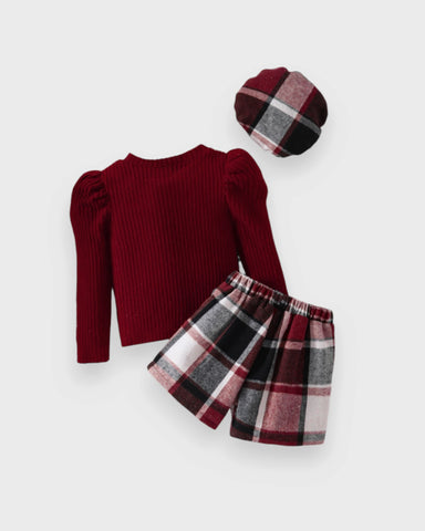 3 Pc Girls Ribbed Sweater, Plaid Skort & Beret Set