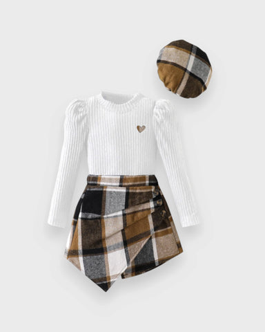 3 Pc Girls Ribbed Sweater, Plaid Skort & Beret Set