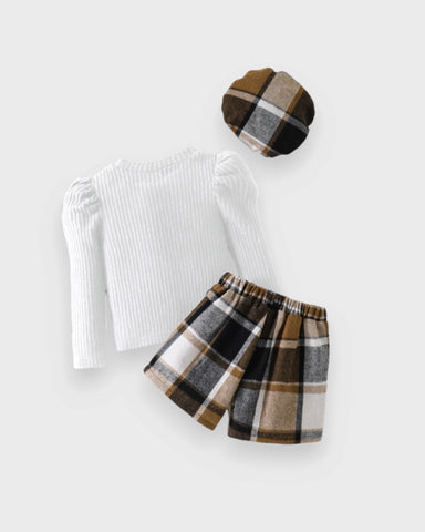 3 Pc Girls Ribbed Sweater, Plaid Skort & Beret Set