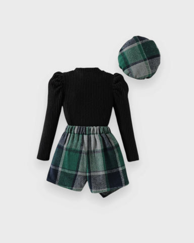 3 Pc Girls Ribbed Sweater, Plaid Skort & Beret Set