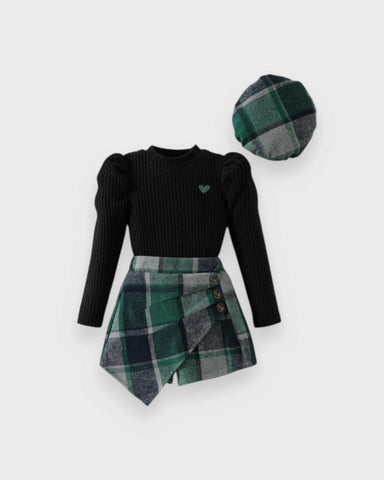 3 Pc Girls Ribbed Sweater, Plaid Skort & Beret Set