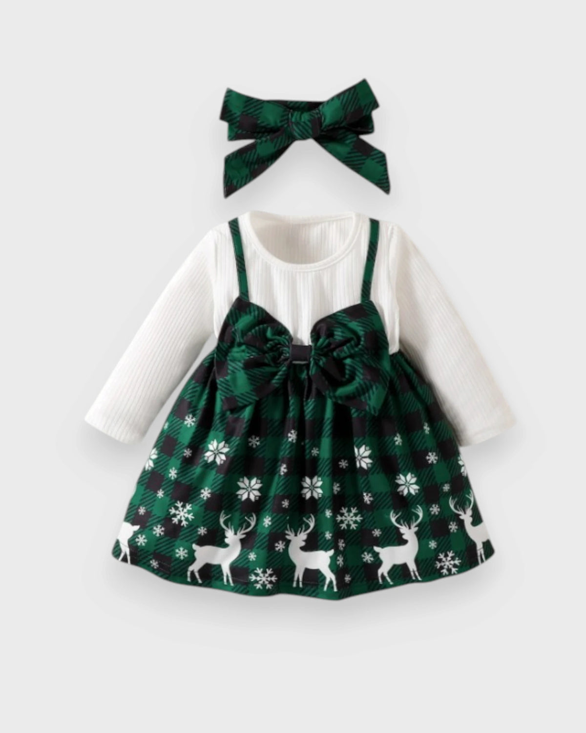 Green plaid baby dress with white sleeves, reindeer and snowflake print, waist bow and matching bow headband