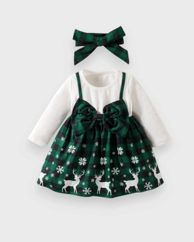 Green plaid baby dress with white sleeves, reindeer and snowflake print, waist bow and matching bow headband