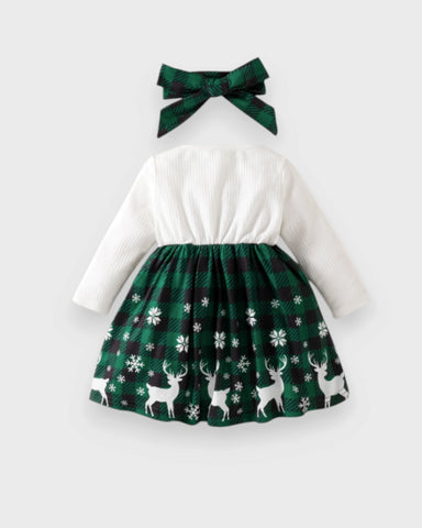 2 Pc Baby Girl Christmas Plaid Reindeer Dress & Headband Set