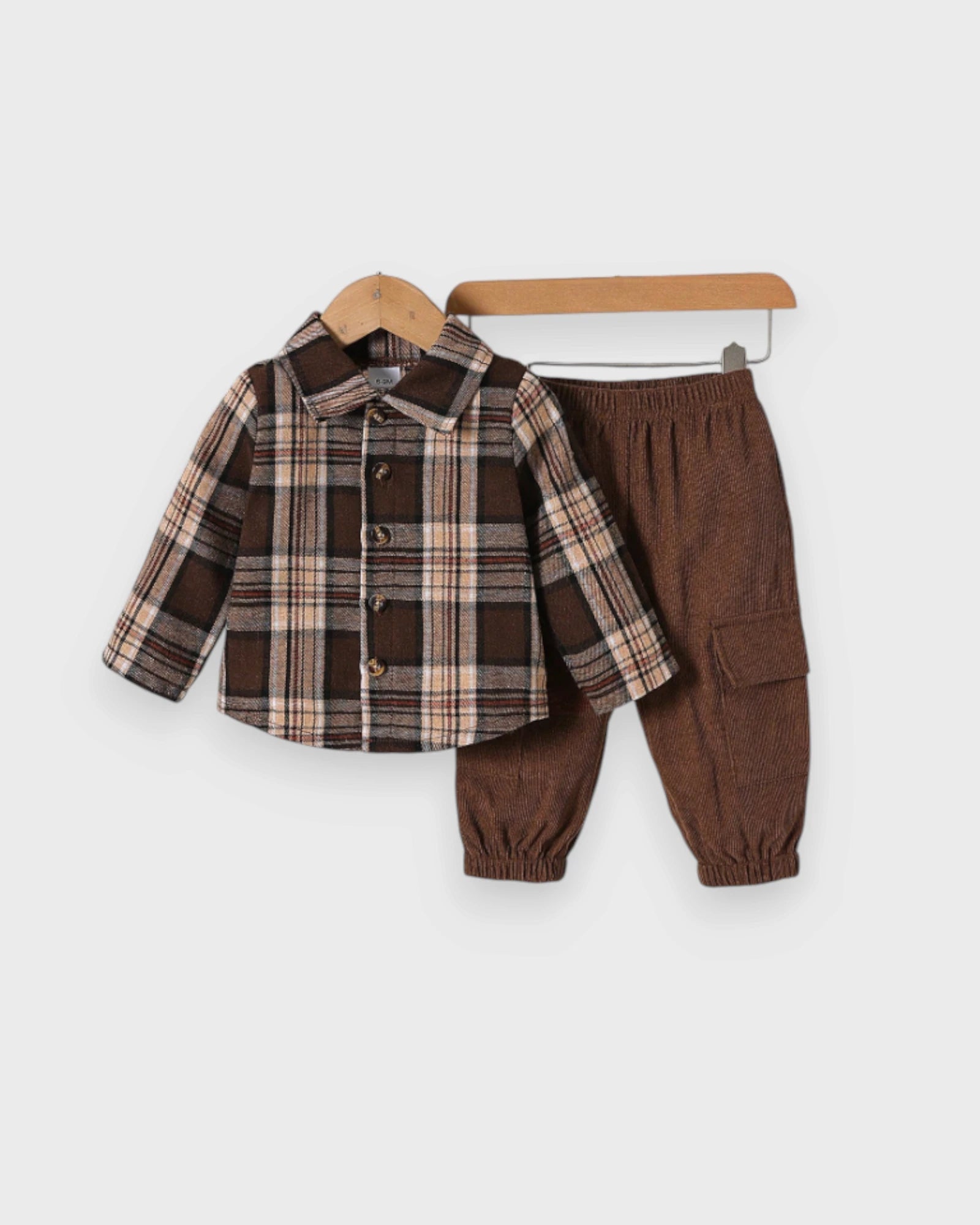 Brown plaid baby shirt and coordinating brown corduroy pants with elastic cuffs
