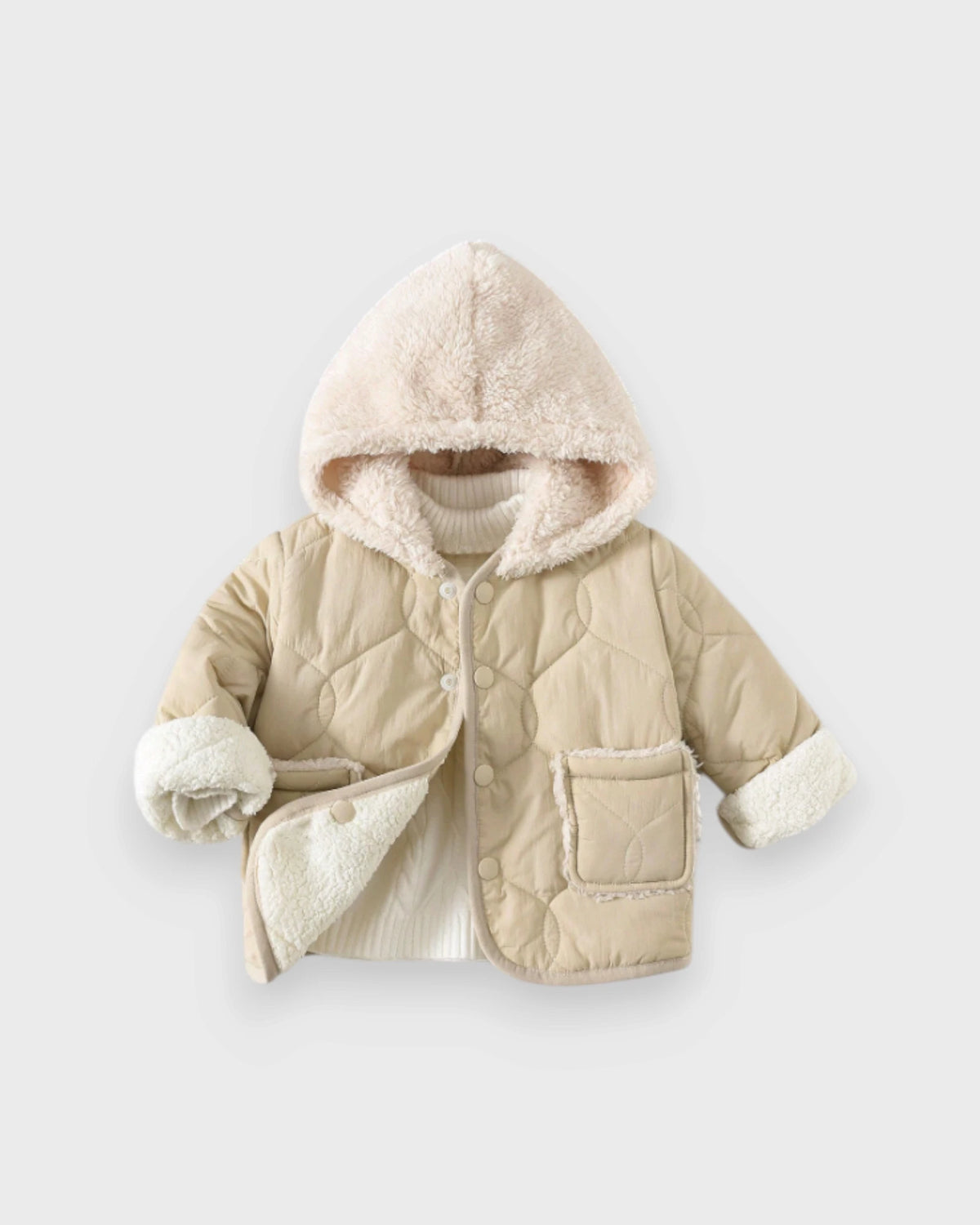 Cream quilted baby coat with a sherpa-lined hood, turned-up cuffs and patch pockets