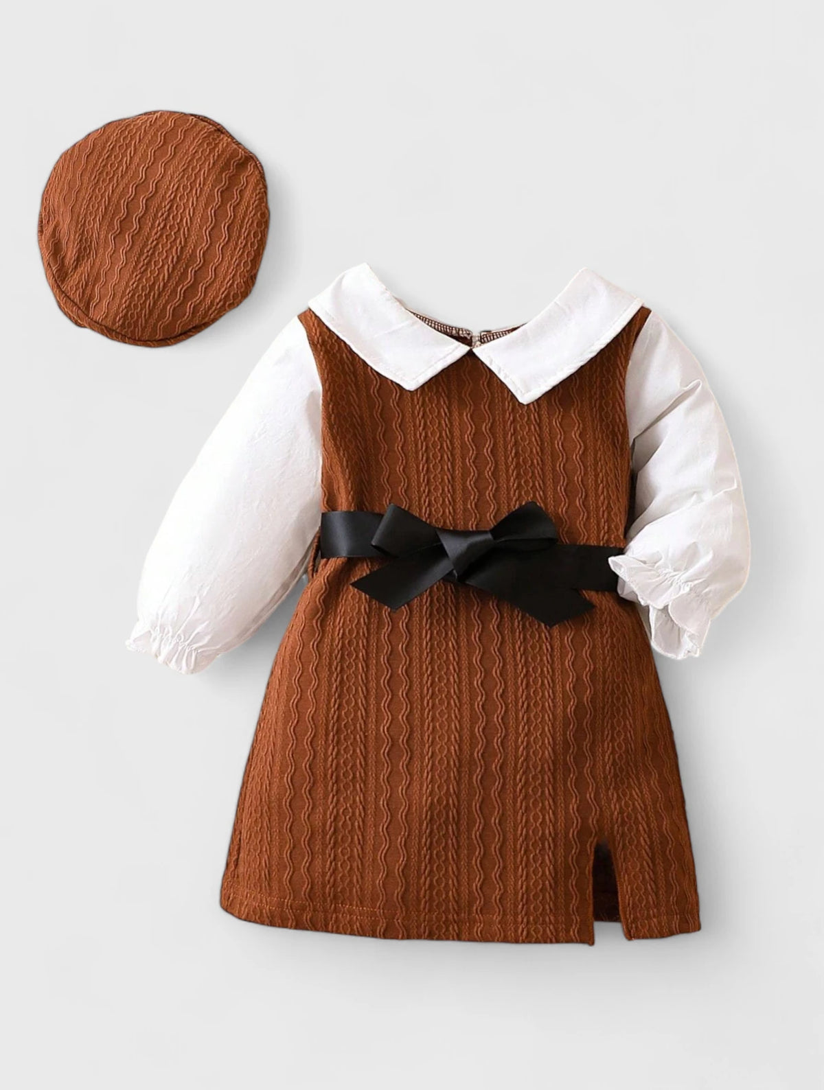 Baby Girl Two Tone Collar Dress & Beret