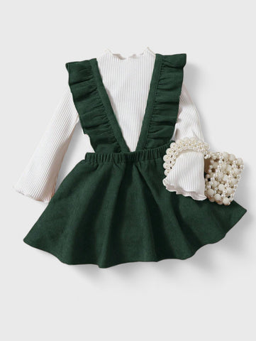 2 Pc Baby Girl Lettuce Mock Neck Ribbed Top with Ruffle Corduroy Suspender Skirt