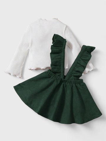 2 Pc Baby Girl Lettuce Mock Neck Ribbed Top with Ruffle Corduroy Suspender Skirt