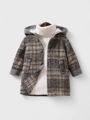 Baby Boy Brown Plaid Jacket with Contrasting Hoodie