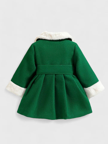 Baby Girl Fuzzy Trim Cuff Collar Pearl Button Coat