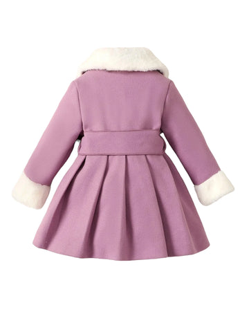 Baby Girl Fuzzy Trim Cuff Collar Pearl Button Coat