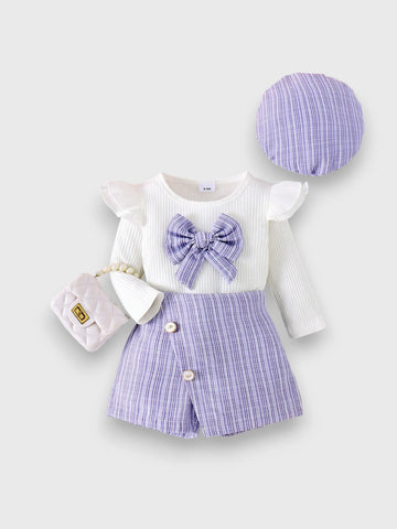 3 Pcs Baby Girl Skorts With Ribbed Bow Shirt and Beret