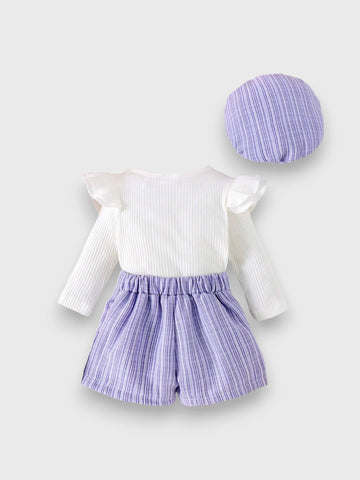 3 Pcs Baby Girl Skorts With Ribbed Bow Shirt and Beret