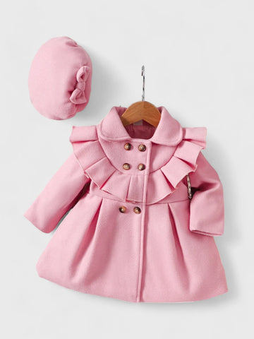 Toddler Baby Girl Double Breasted Pleat Detail Coat with Bow Beret Hat