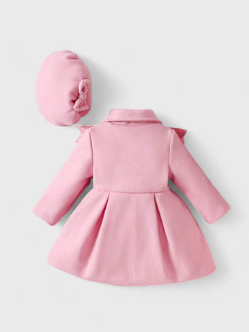 Toddler Baby Girl Double Breasted Pleat Detail Coat with Bow Beret Hat