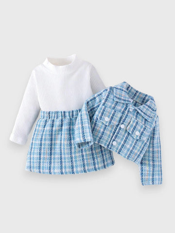 3 Pcs Baby Girl Tweed, Shirt, Skirt & Crop Jacket Set