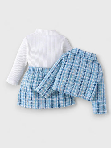 3 Pcs Baby Girl Tweed, Shirt, Skirt & Crop Jacket Set