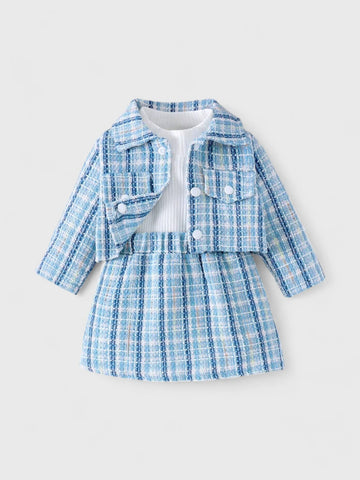 3 Pcs Baby Girl Tweed, Shirt, Skirt & Crop Jacket Set