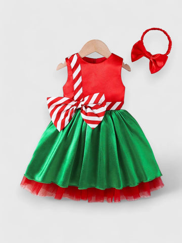 2 Pc Baby Festive Stripe Bow Party Dress