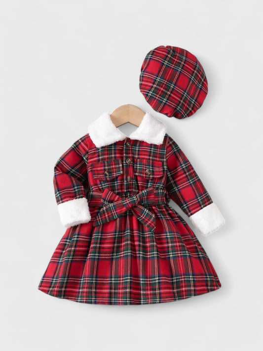 Baby Girl Plaid dress with Fuzzy Trim and Beret Hat