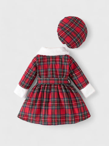 Baby Girl Plaid dress with Fuzzy Trim and Beret Hat