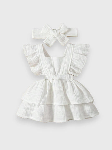 Baby Girl Cotton Ruffle Trim Layer Hem Dress With Bow Headband