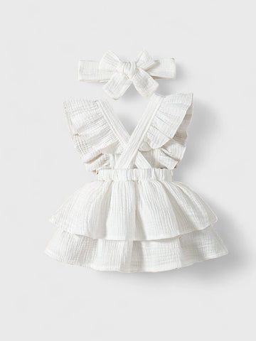 Baby Girl Cotton Ruffle Trim Layer Hem Dress With Bow Headband