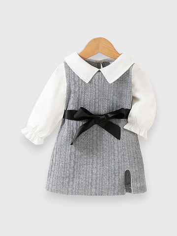 Baby Girl Two Tone Collar Dress & Beret