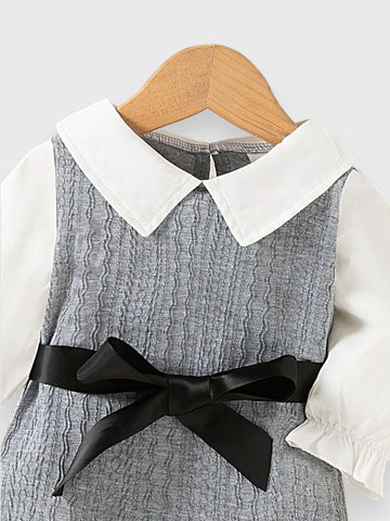 Baby Girl Two Tone Collar Dress & Beret