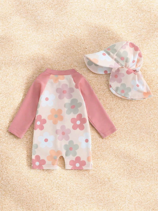 2 Pc Baby Girl Flower Romper Swimsuit with Hat