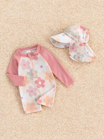 2 Pc Baby Girl Flower Romper Swimsuit with Hat