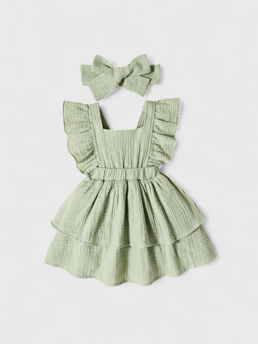 Baby Girl Cotton Ruffle Trim Layer Hem Dress With Bow Headband
