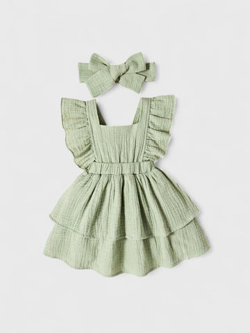 Baby Girl Cotton Ruffle Trim Layer Hem Dress With Bow Headband