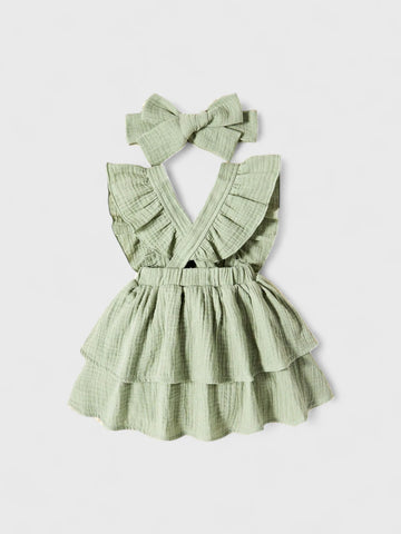 Baby Girl Cotton Ruffle Trim Layer Hem Dress With Bow Headband