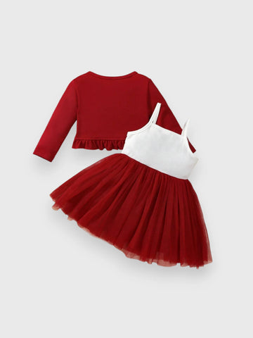 2 Pc Baby Girl Ruffle Caridgan with Mesh Dress