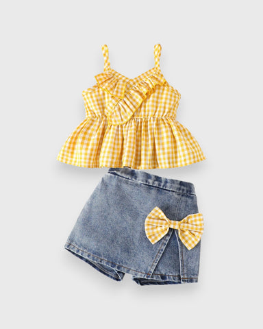 2 Pc Baby Girl Gingham Denim Set
