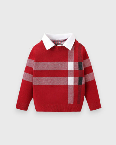 Toddler Boys Plaid Crew neck Knit Collared Sweater